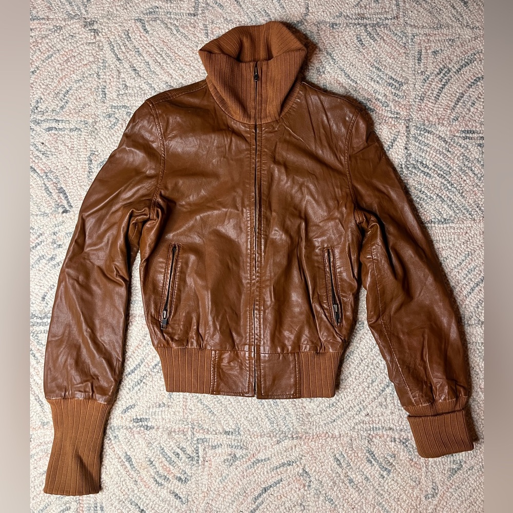 GAP Tan Leather Jacket with Ribbed Collar